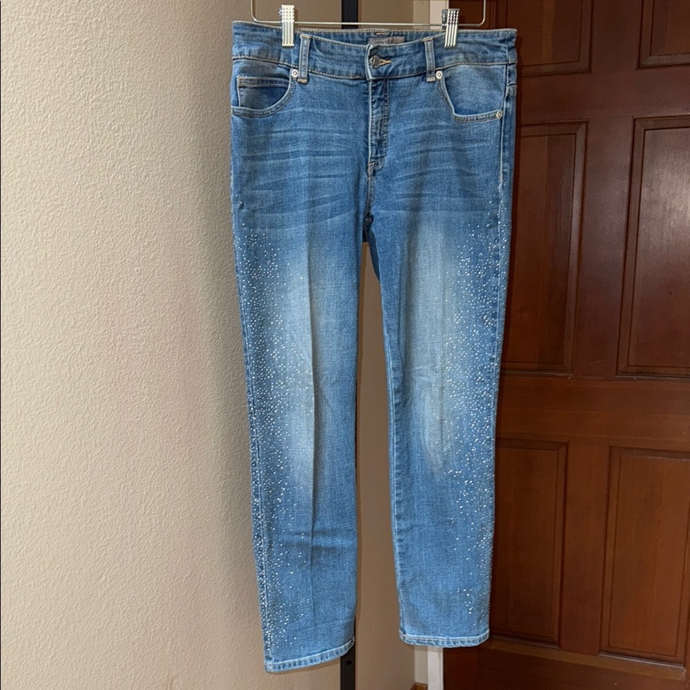 Chico's Blue So Slimming Skinny Jeans with Distressed Embellished Bling Sz 0